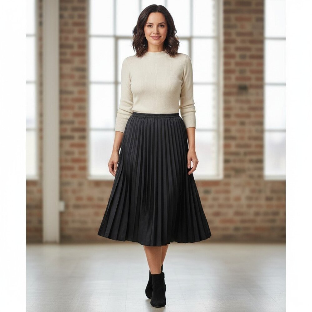Pleated Black Skirt Women US 14 Elastic Waist Unlined Midi Goth Dark Romance VTG